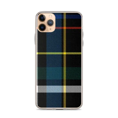 classic tartan plaid pattern in black with royal blue, fire red, golden yellow, forest green, and white stripes on mockup Bold Plaid Heritage Clear Case - default view