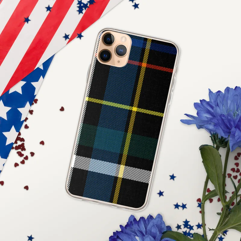 Bold Plaid Heritage Clear Case for iPhone — classic tartan plaid pattern in black with royal blue, fire red, golden yellow