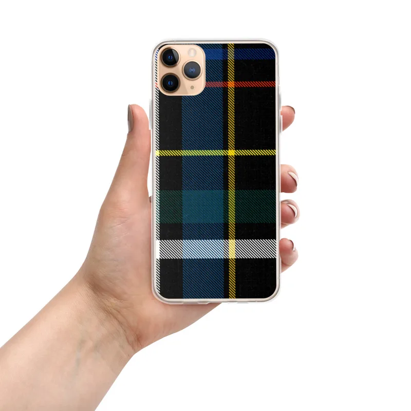 Bold Plaid Heritage Clear Case for iPhone — classic tartan plaid pattern in black with royal blue, fire red, golden yellow