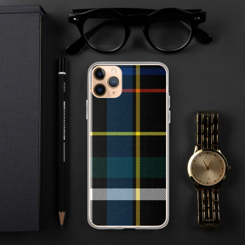 Bold Plaid Heritage Clear Case for iPhone — classic tartan plaid pattern in black with royal blue, fire red, golden yellow