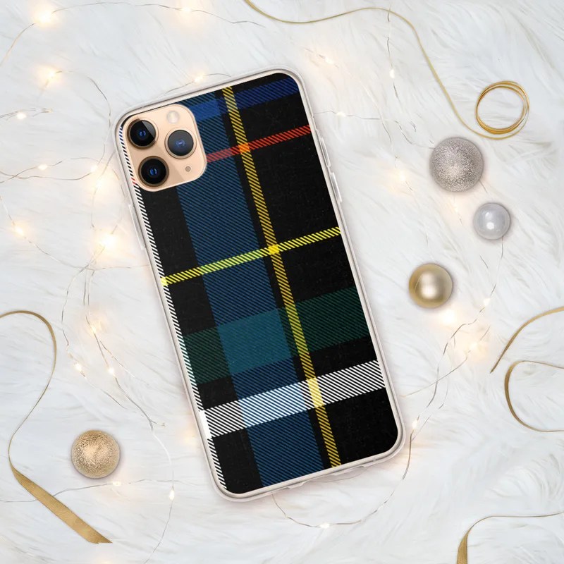 Bold Plaid Heritage Clear Case for iPhone — classic tartan plaid pattern in black with royal blue, fire red, golden yellow
