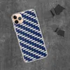 Steel and Sapphire Weave Clear Case for iPhone — navy blue and brushed silver interlocking bands in a repeating basket-weave