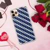 Steel and Sapphire Weave Clear Case for iPhone — navy blue and brushed silver interlocking bands in a repeating basket-weave