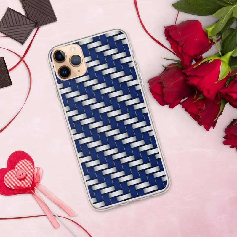 Steel and Sapphire Weave Clear Case for iPhone — navy blue and brushed silver interlocking bands in a repeating basket-weave