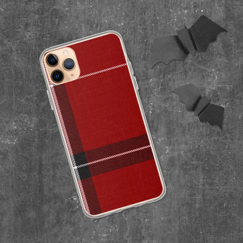 Bold Highland Plaid Clear Case for iPhone — classic tartan plaid pattern in deep crimson red with thick black and white