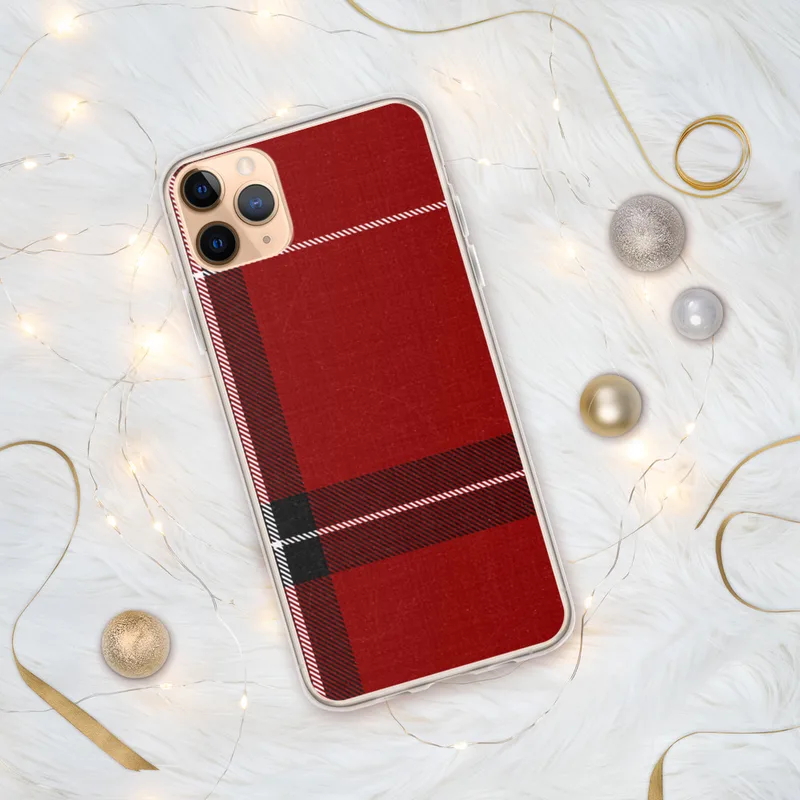 Bold Highland Plaid Clear Case for iPhone — classic tartan plaid pattern in deep crimson red with thick black and white