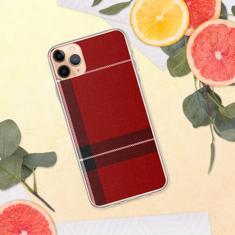 Bold Highland Plaid Clear Case for iPhone — classic tartan plaid pattern in deep crimson red with thick black and white
