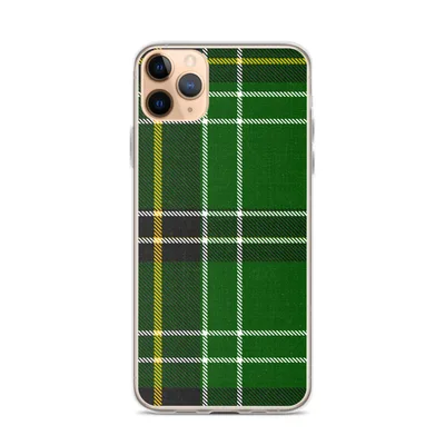 classic tartan plaid pattern in deep forest green with black bands, white stripes, and gold accent lines on mockup Celtic Green Tartan Clear Case - default view