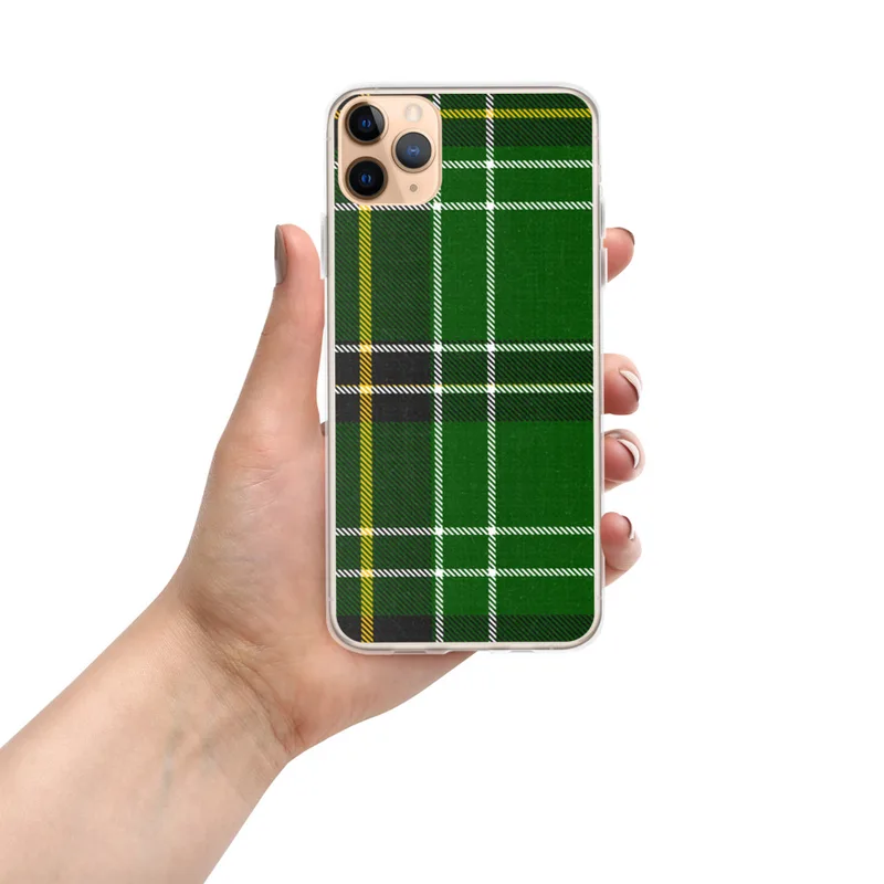 Celtic Green Tartan Clear Case for iPhone — classic tartan plaid pattern in deep forest green with black bands, white
