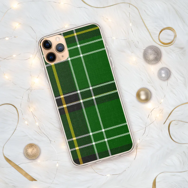 Celtic Green Tartan Clear Case for iPhone — classic tartan plaid pattern in deep forest green with black bands, white