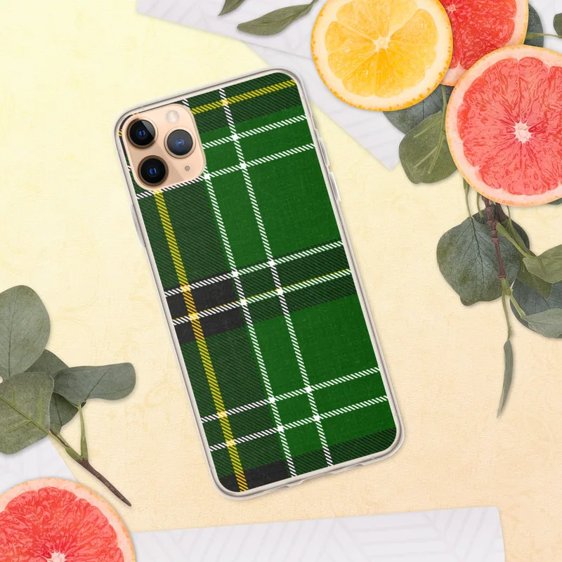 Celtic Green Tartan Clear Case for iPhone — classic tartan plaid pattern in deep forest green with black bands, white