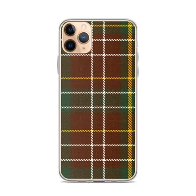 classic Scottish tartan pattern with deep crimson red and forest green blocks crossed by bold white and golden yellow diagonal stripe lines on mockup Highland Tartan Clear iPhone Case - default view