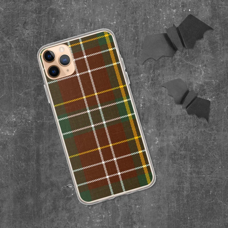 Highland Tartan Clear Case for iPhone — classic Scottish tartan pattern with deep crimson red and forest green blocks