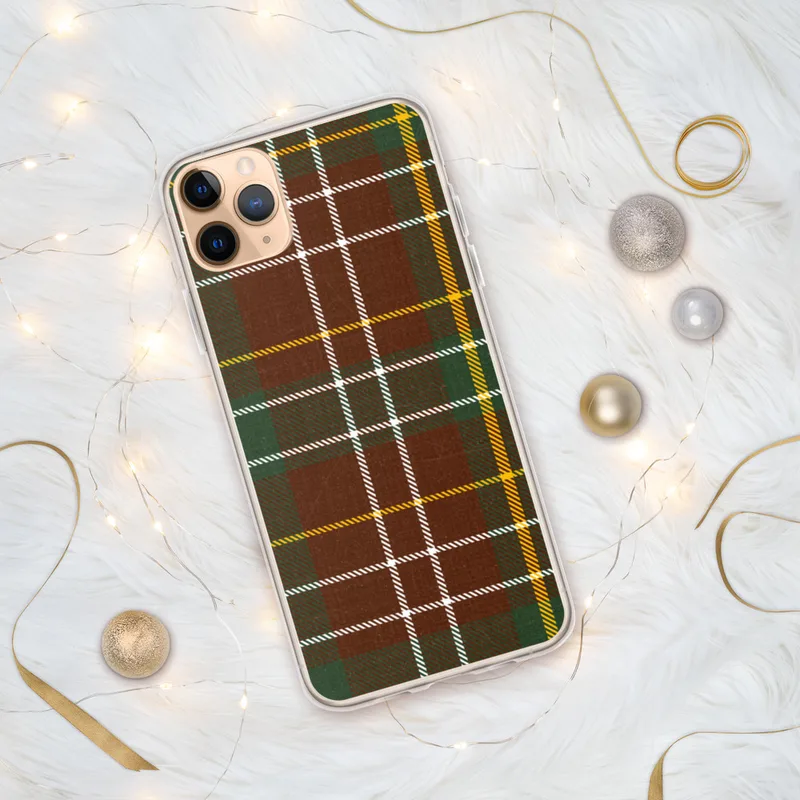 Highland Tartan Clear Case for iPhone — classic Scottish tartan pattern with deep crimson red and forest green blocks
