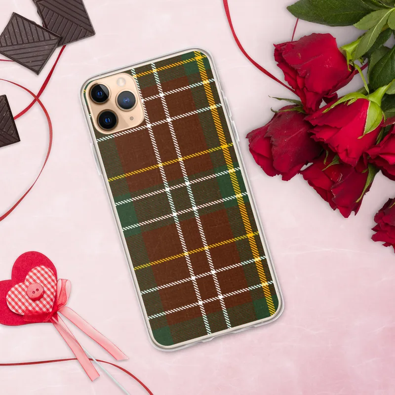 Highland Tartan Clear Case for iPhone — classic Scottish tartan pattern with deep crimson red and forest green blocks