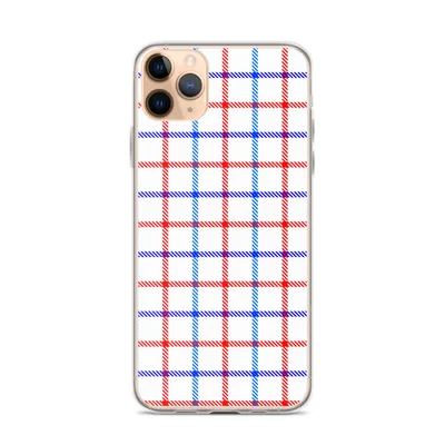 red, white, and blue gingham plaid grid with diagonal stripe detailing at intersections on a white background on mockup American Plaid Clear iPhone Case - default view