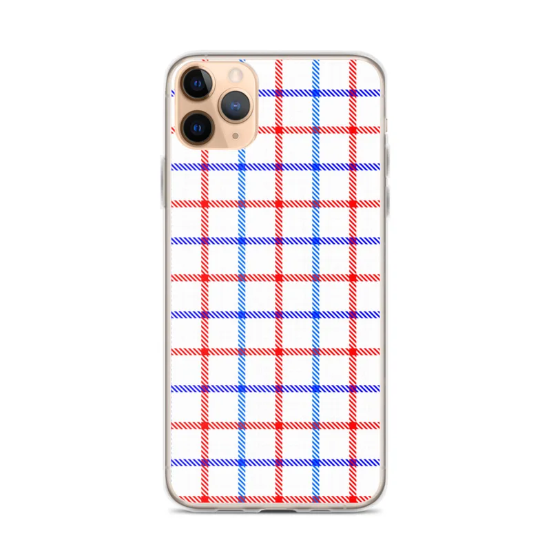 American Plaid Clear Case for iPhone — red, white, and blue gingham plaid grid with diagonal stripe detailing