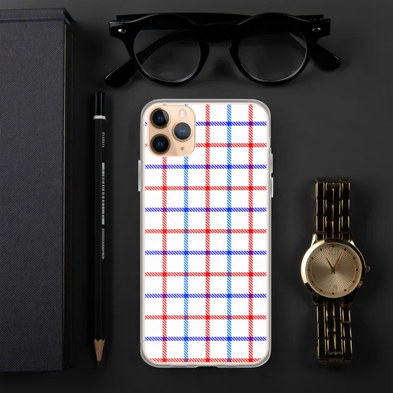 American Plaid Clear Case for iPhone — red, white, and blue gingham plaid grid with diagonal stripe detailing
