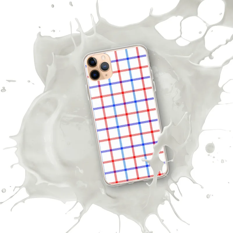 American Plaid Clear Case for iPhone — red, white, and blue gingham plaid grid with diagonal stripe detailing