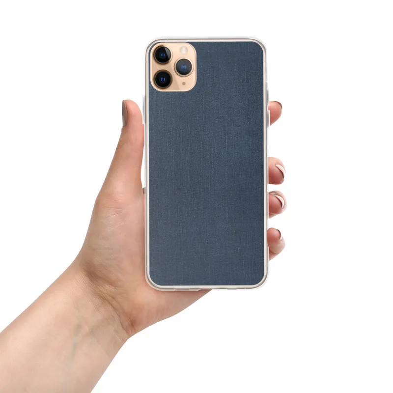 Dark Denim Texture Clear Case for iPhone — close-up woven dark indigo denim fabric texture with vertical grain lines