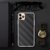 Dark Carbon Weave Clear Case for iPhone — dark charcoal interlocking diagonal woven grid pattern with subtle 3D shadow depth