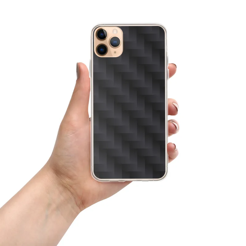 Dark Carbon Weave Clear Case for iPhone — dark charcoal interlocking diagonal woven grid pattern with subtle 3D shadow depth