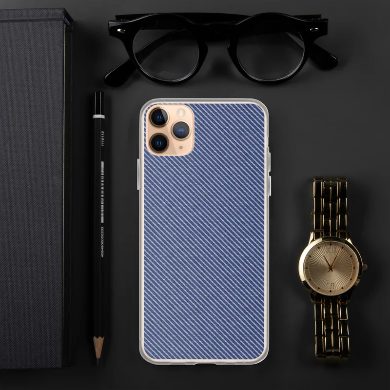 Navy Twill Weave Clear Case for iPhone — diagonal fine-stripe twill weave pattern in deep navy blue and soft heather white