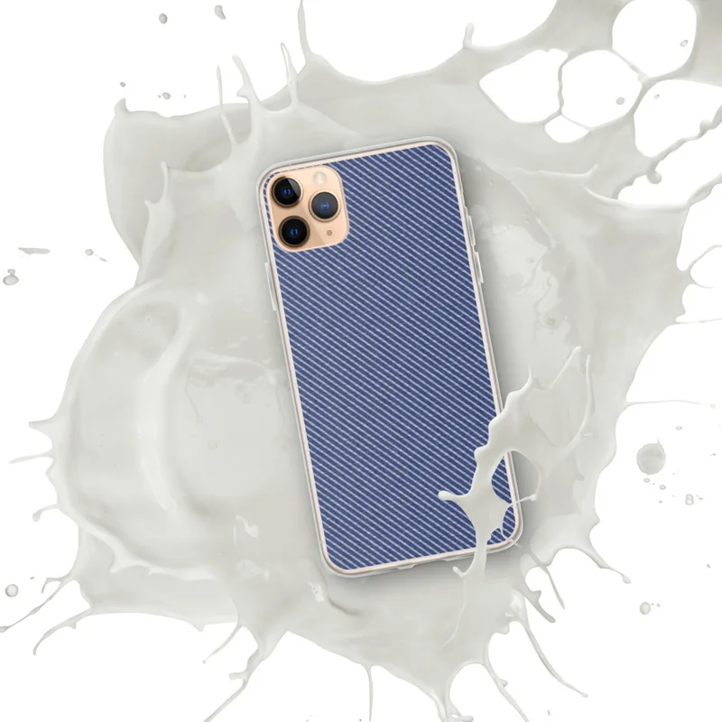 Navy Twill Weave Clear Case for iPhone — diagonal fine-stripe twill weave pattern in deep navy blue and soft heather white