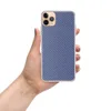 Navy Twill Weave Clear Case for iPhone — diagonal fine-stripe twill weave pattern in deep navy blue and soft heather white