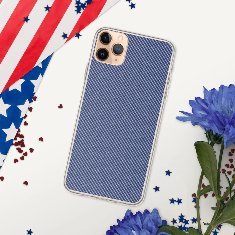 Navy Twill Weave Clear Case for iPhone — diagonal fine-stripe twill weave pattern in deep navy blue and soft heather white