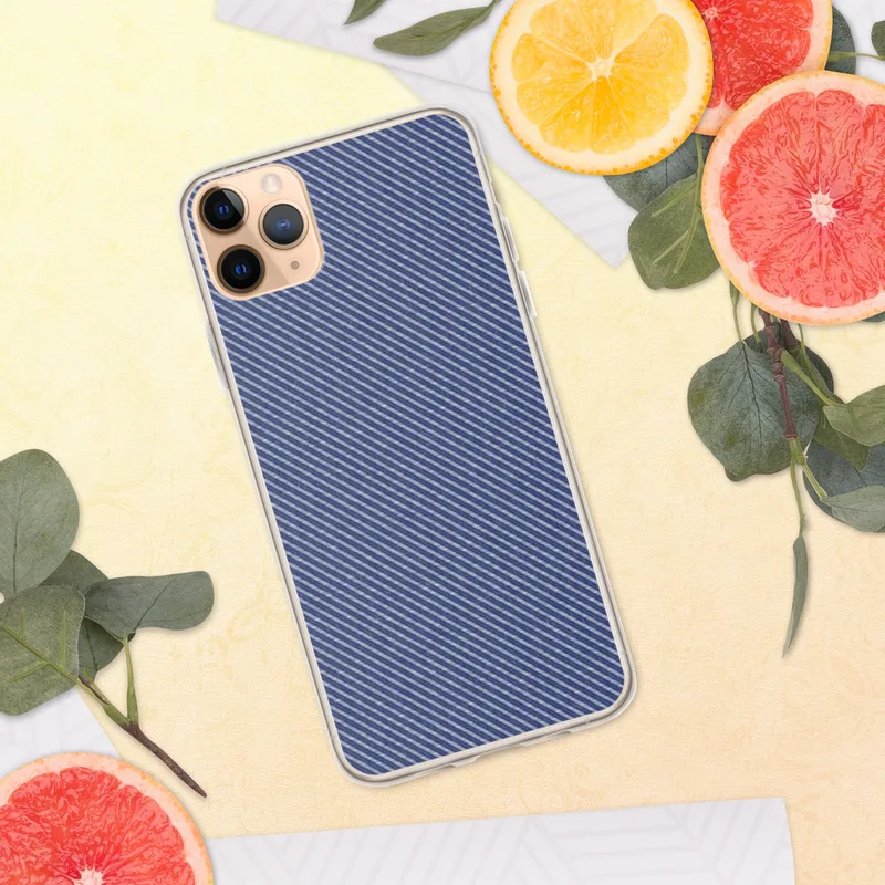 Navy Twill Weave Clear Case for iPhone — diagonal fine-stripe twill weave pattern in deep navy blue and soft heather white