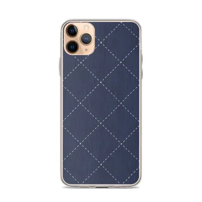 diagonal navy quilted diamond grid with white dashed stitch lines and small cross accents on deep blue textured background on mockup Navy Quilted Diamond Clear Case - default view