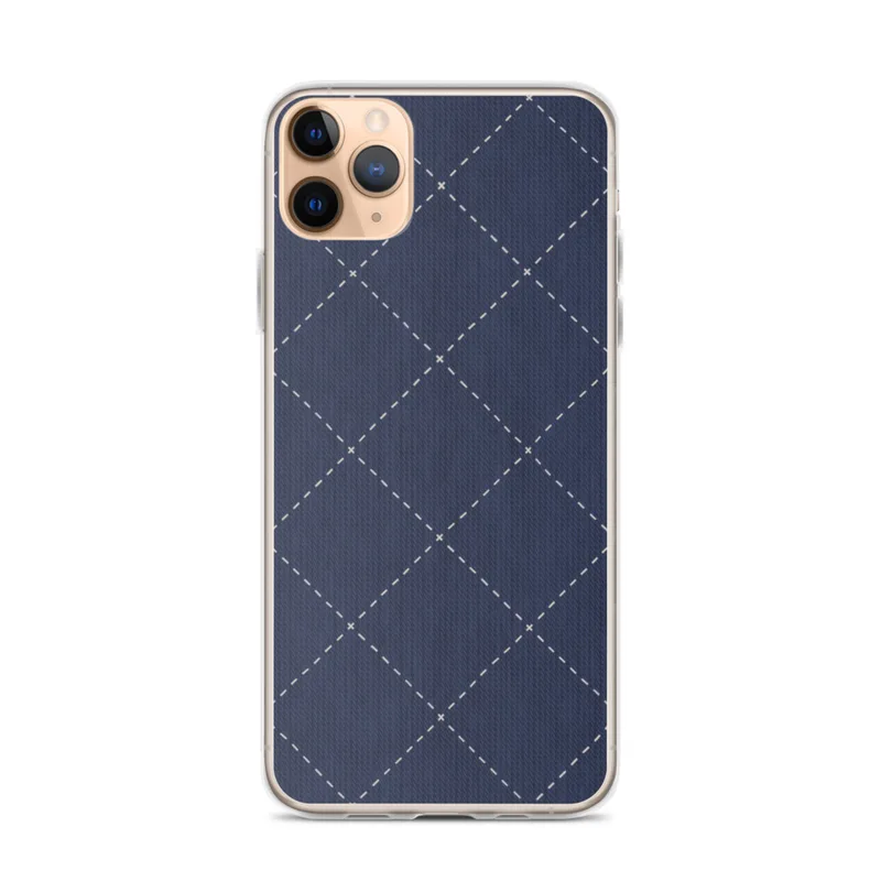 Navy Quilted Diamond Clear Case for iPhone — diagonal navy quilted diamond grid with white dashed stitch lines and small