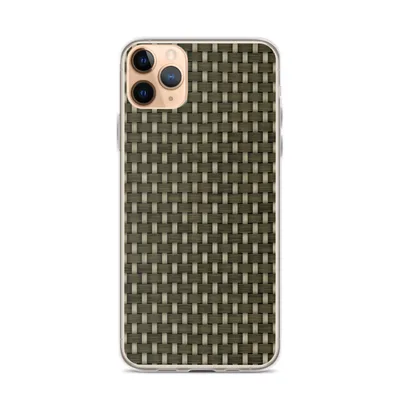 tightly woven basket weave pattern in olive green and warm beige tones with a repeating interlaced crosshatch grid on mockup Woven Texture Clear Case - default view