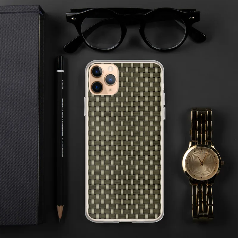 Woven Texture Clear Case for iPhone — tightly woven basket weave pattern in olive green and warm beige tones