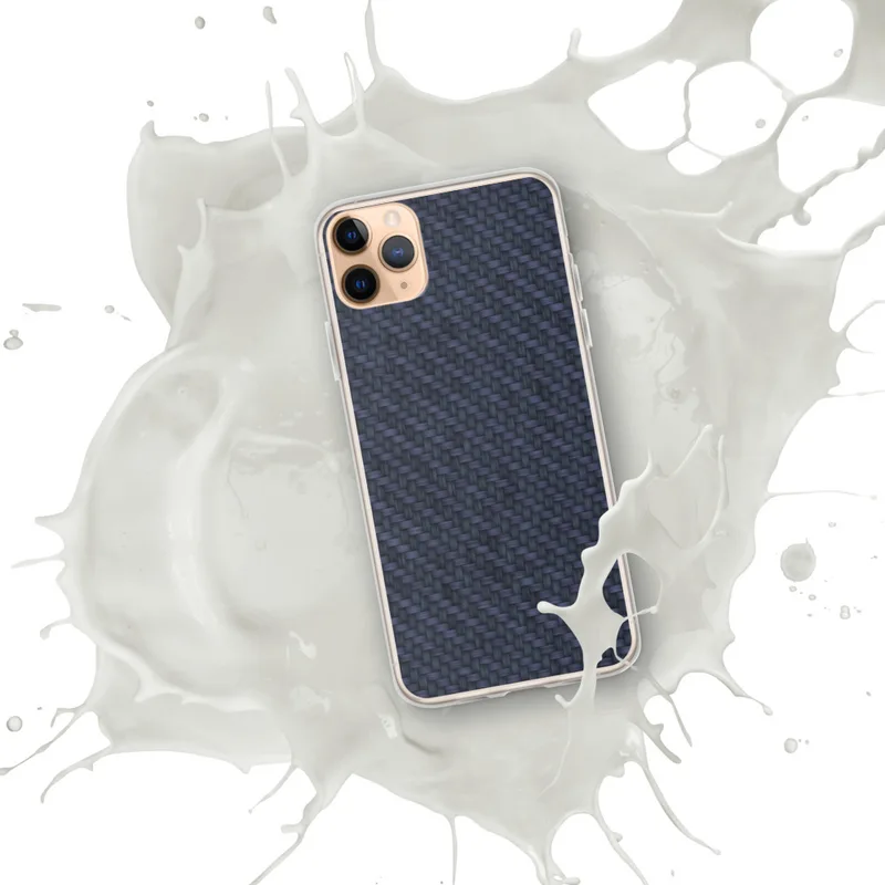 Navy Carbon Fiber Shield Clear Case for iPhone — diagonal twill carbon fiber weave pattern in deep navy blue and slate tones