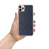 Navy Carbon Fiber Shield Clear Case for iPhone — diagonal twill carbon fiber weave pattern in deep navy blue and slate tones