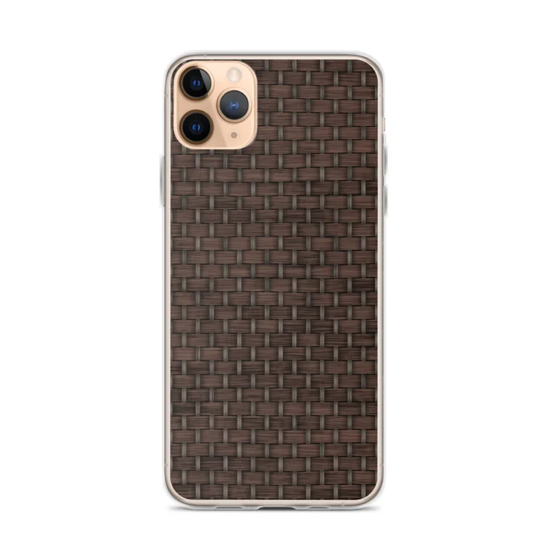 Dark Woven Rattan Texture Clear Case for iPhone — tightly woven rattan basket pattern in deep espresso brown