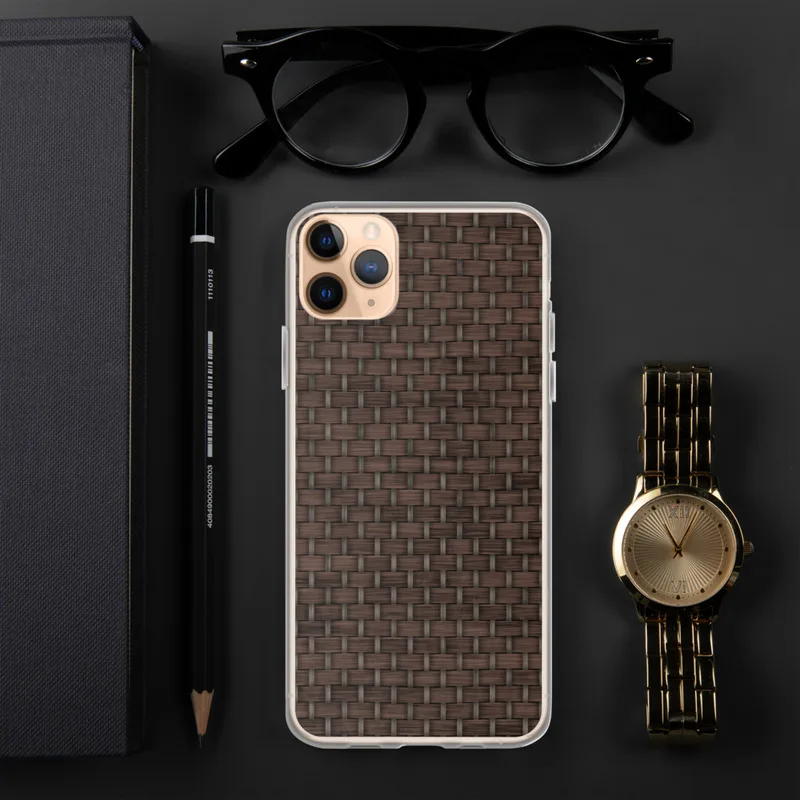 Dark Woven Rattan Texture Clear Case for iPhone — tightly woven rattan basket pattern in deep espresso brown