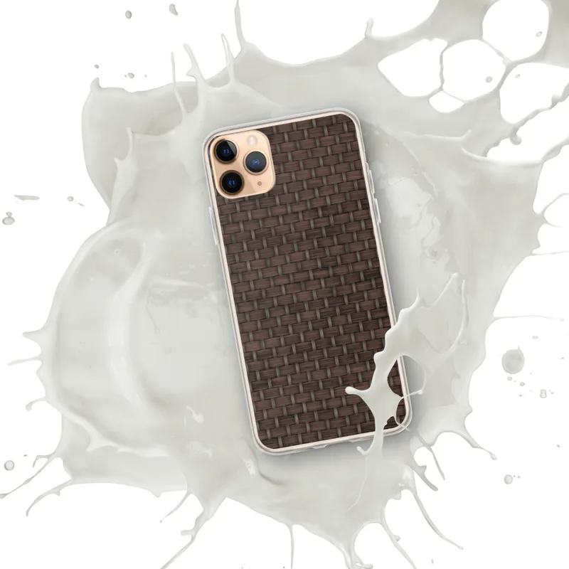 Dark Woven Rattan Texture Clear Case for iPhone — tightly woven rattan basket pattern in deep espresso brown