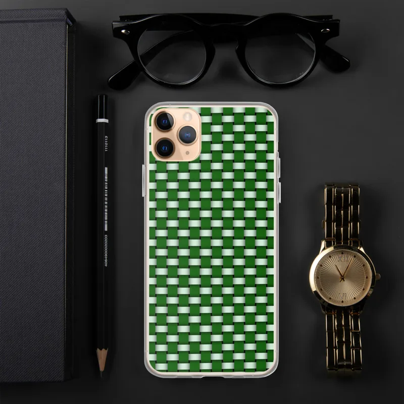 Green Woven Basket Weave Clear Case for iPhone — tightly interlaced basket weave pattern in deep forest green and soft mint