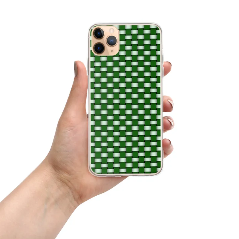 Green Woven Basket Weave Clear Case for iPhone — tightly interlaced basket weave pattern in deep forest green and soft mint