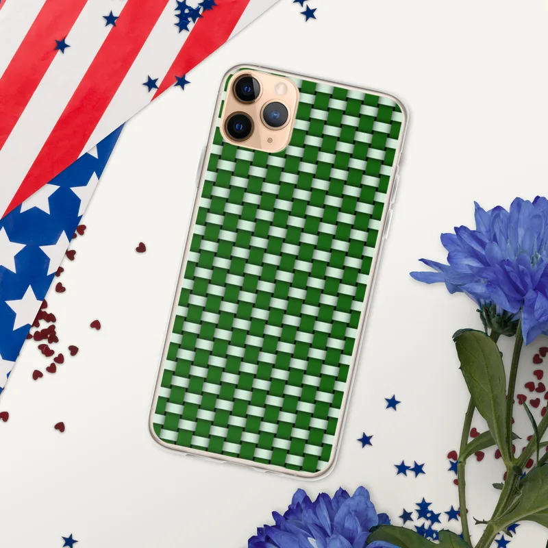 Green Woven Basket Weave Clear Case for iPhone — tightly interlaced basket weave pattern in deep forest green and soft mint