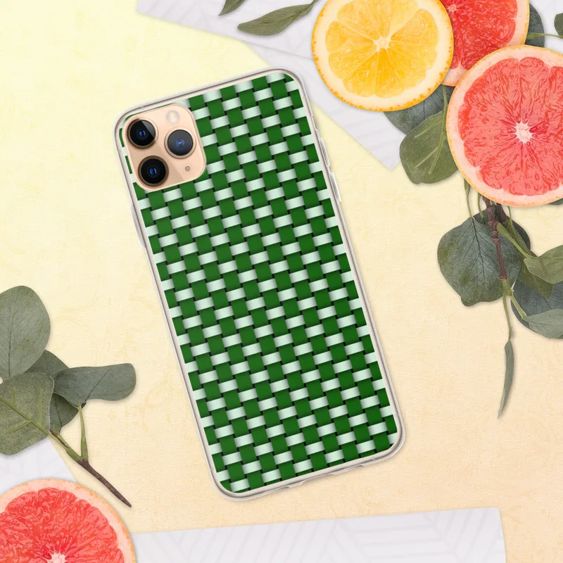 Green Woven Basket Weave Clear Case for iPhone — tightly interlaced basket weave pattern in deep forest green and soft mint