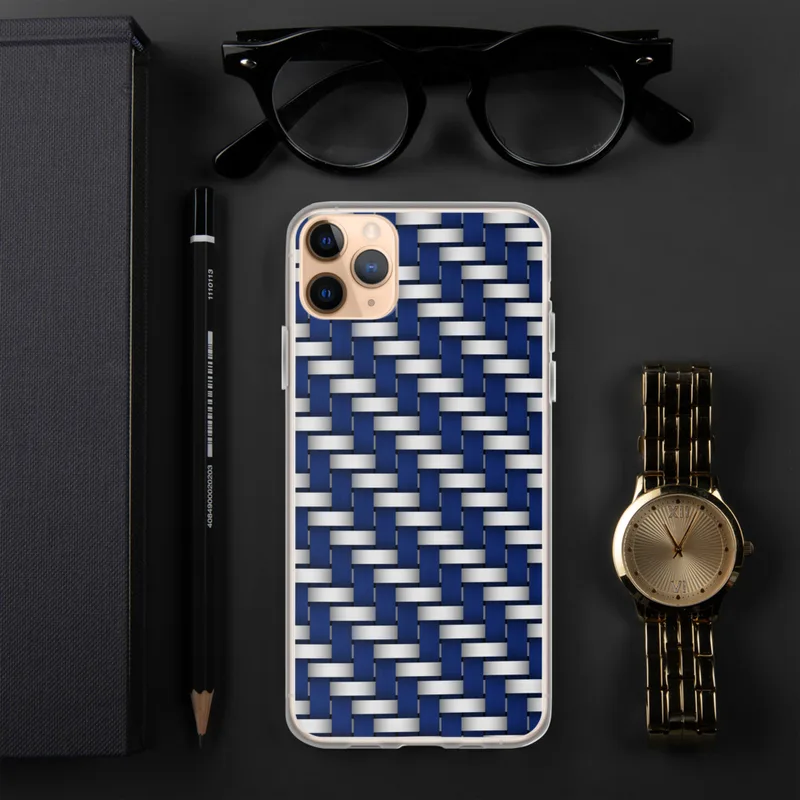 Steel Weave Blue Edition Clear Case for iPhone — interlocking woven grid of deep navy blue and brushed silver strips
