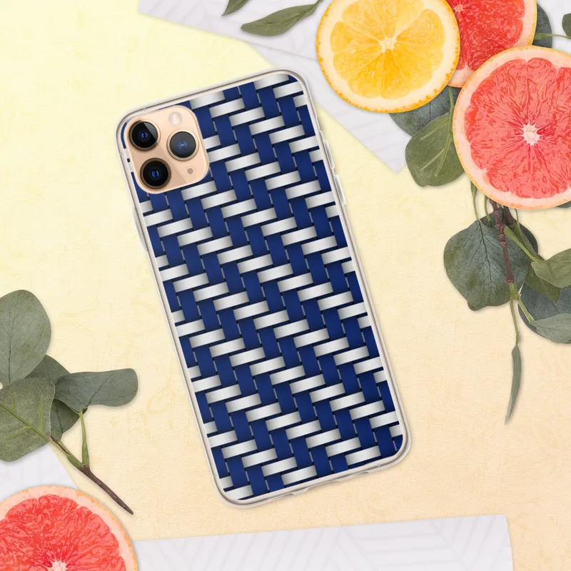 Steel Weave Blue Edition Clear Case for iPhone — interlocking woven grid of deep navy blue and brushed silver strips