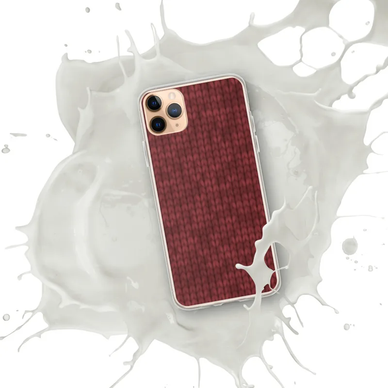 Crimson Knit Texture Clear Case for iPhone — close-up of a deep crimson knitted fabric with repeating V-stitch rows