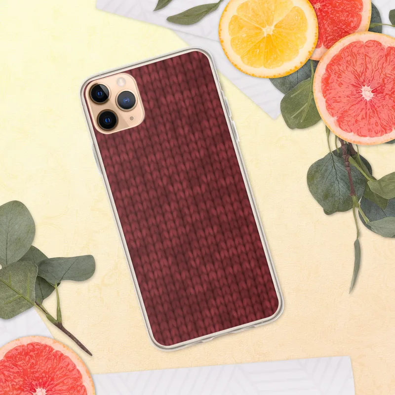 Crimson Knit Texture Clear Case for iPhone — close-up of a deep crimson knitted fabric with repeating V-stitch rows