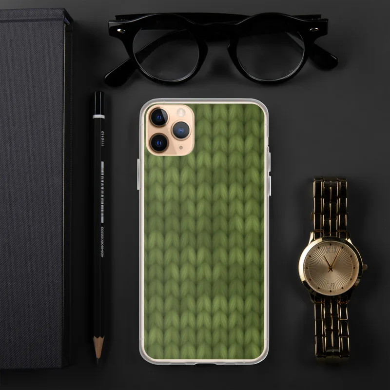 Cozy Knit Green Texture Clear Case for iPhone — seamless olive green knitted fabric texture with realistic interlocking yarn