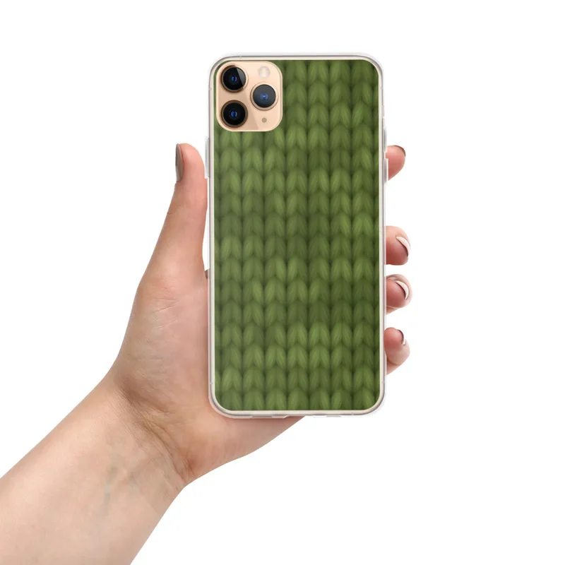 Cozy Knit Green Texture Clear Case for iPhone — seamless olive green knitted fabric texture with realistic interlocking yarn